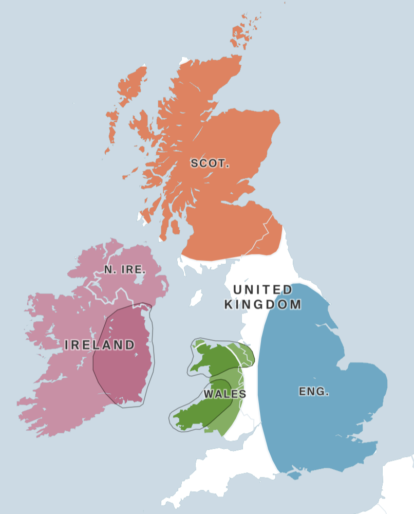 AncestryDNA ancestral regions map of UK